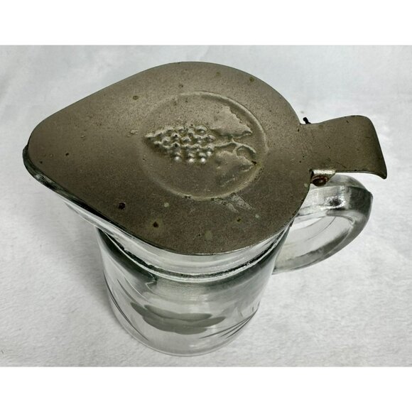 Vintage Vintage Embossed Glass Syrup Pitcher With Metal Lid Grapes Flowers - Picture 2 of 10
